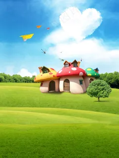儿童摄影背景 草地上的蘑菇屋图片