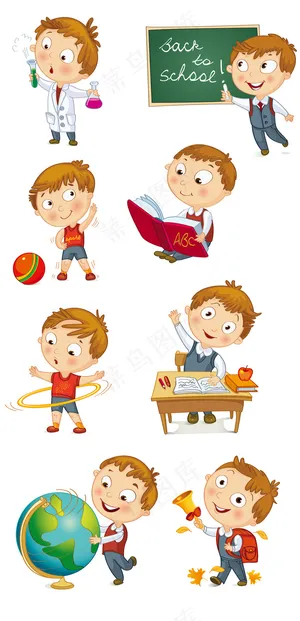 可爱卡通儿童学校学习玩耍矢量素材