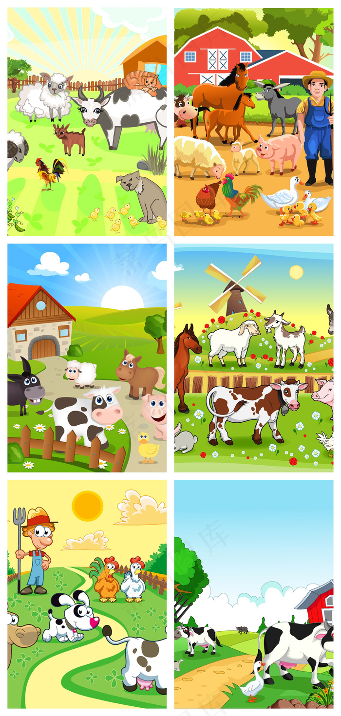 海报素材手绘插画农田风格牛鸡羊风格