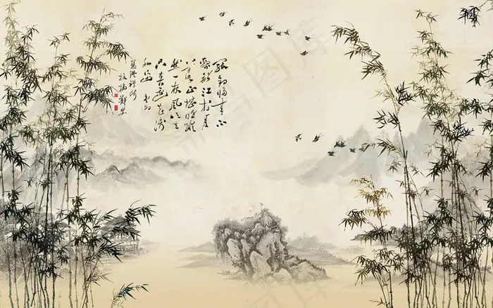 竹林飞鸟中国画背景墙(9071X5669(DPI:72))psd模版下载