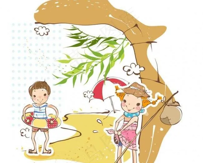 在沙滩上游玩的小朋友图片ai矢量模版下载