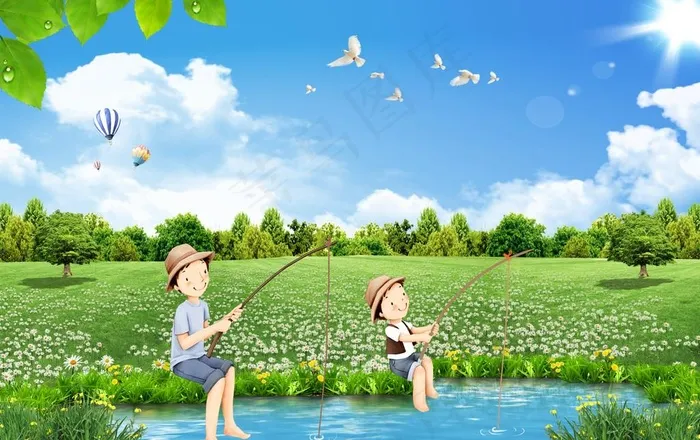 草地上钓鱼(3500X2300(DPI:300))psd模版下载