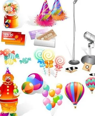 糖果，优惠券，气球，皮埃罗和麦克风
