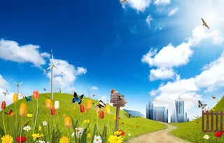 绿色节能环保 公路 风车 草地图片