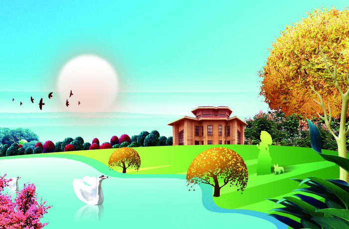 古风手绘风景插画背景海报背景