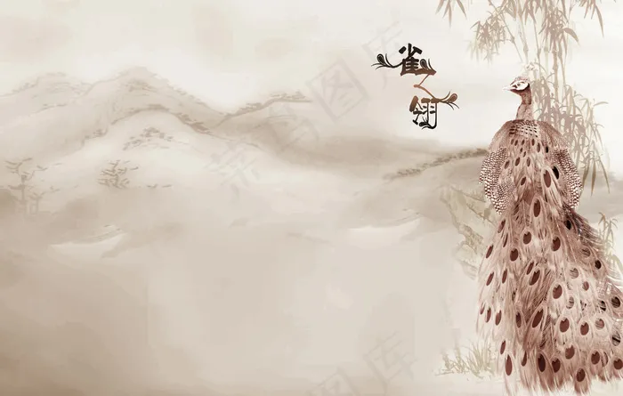 孔雀水墨画图片