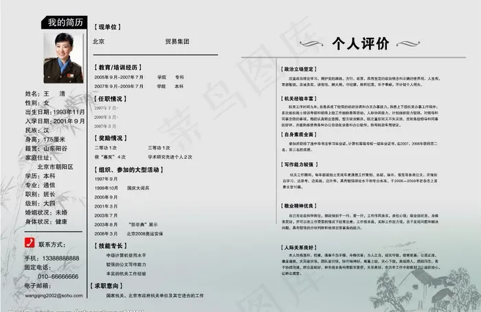 个人简历清淡型内页图片psd模版下载