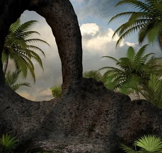 梦幻背景 绿树 畸形怪石 石门拱图片