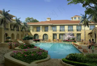 酒店建筑和游泳池