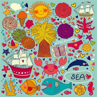 可爱卡通花卉动物鱼类花纹矢量素材