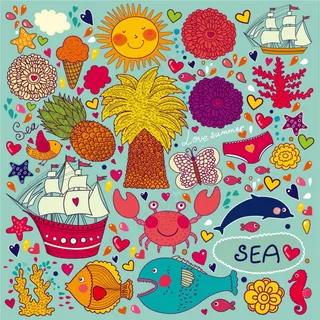 可爱卡通花卉动物鱼类花纹矢量素材