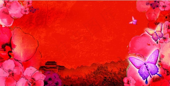 春天蝴蝶花红色背景(4724X2362(DPI:400))psd模版下载