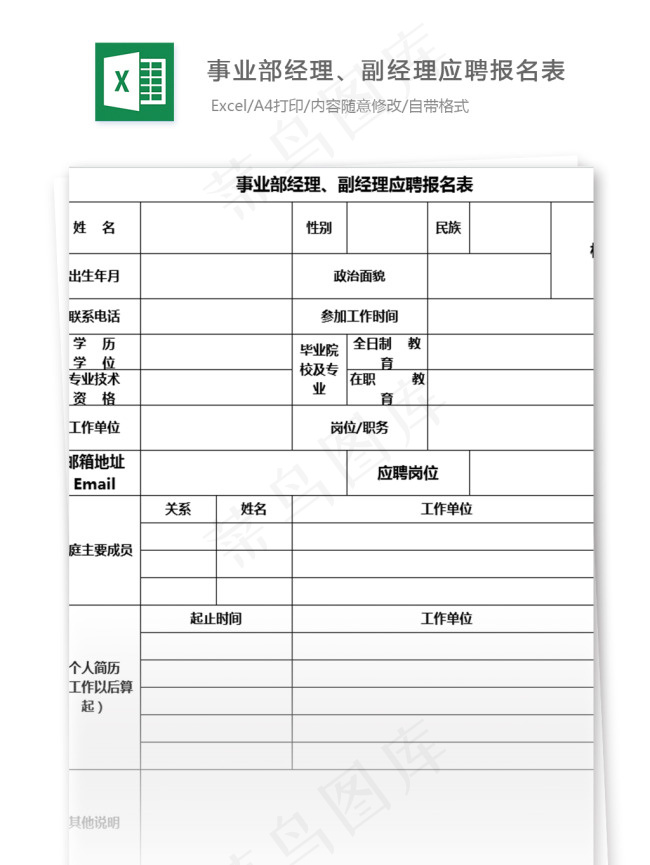 事业部经理、副经理应聘报名表格