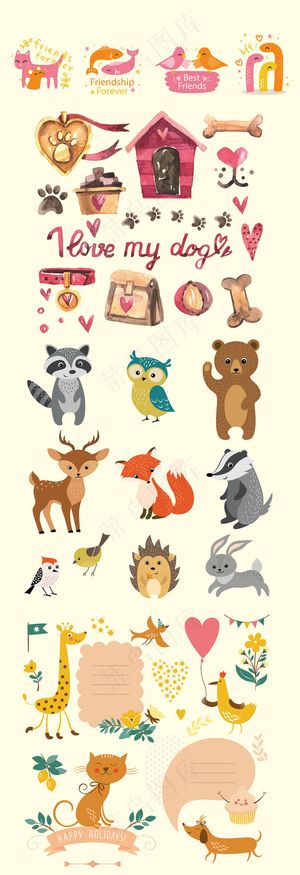印花矢量可爱卡通动物设计元素