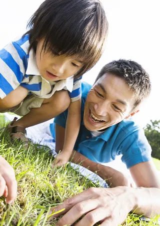 草地上开心的两父子图片