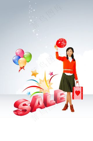 红色立体字与购物美女PSD分层素材