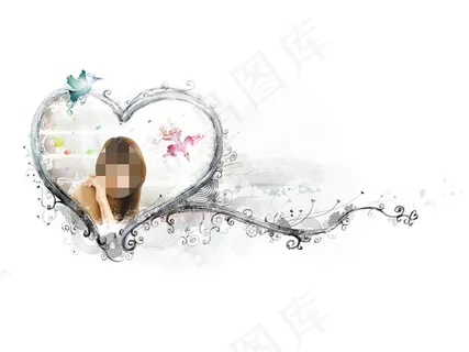 小鸟花纹边框与美女