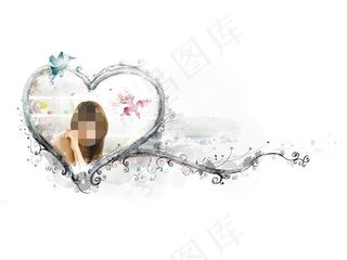 小鸟花纹边框与美女