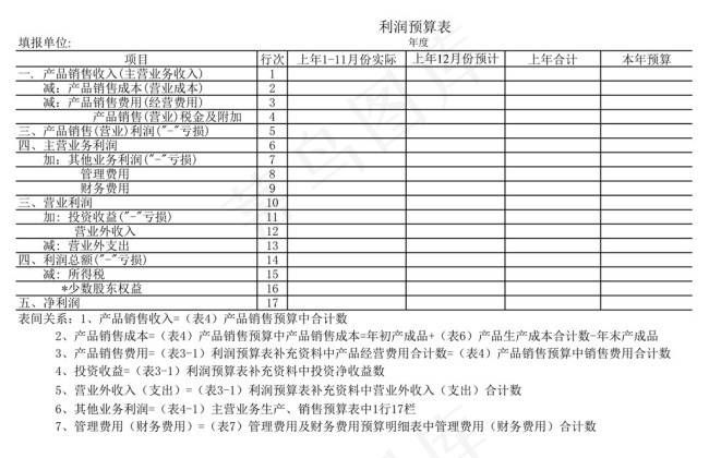 利润预算表