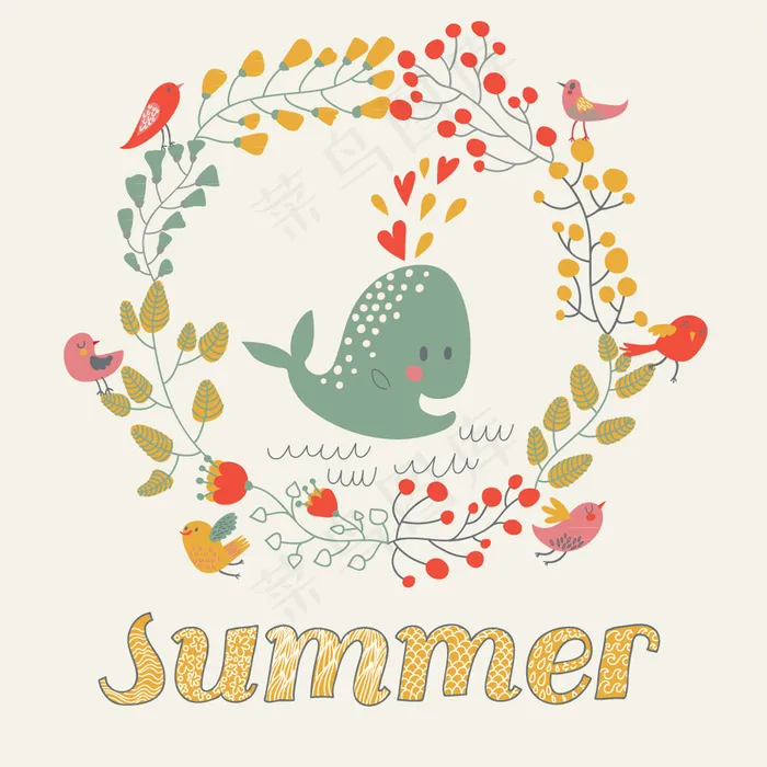 手绘夏季主题卡通插画矢量素材-1