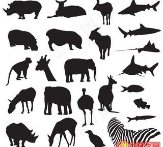 多款陆地海洋动物黑白剪影矢量素材