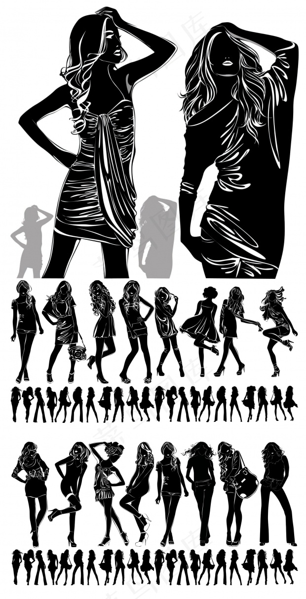 黑白画漂亮女孩模特矢量素材