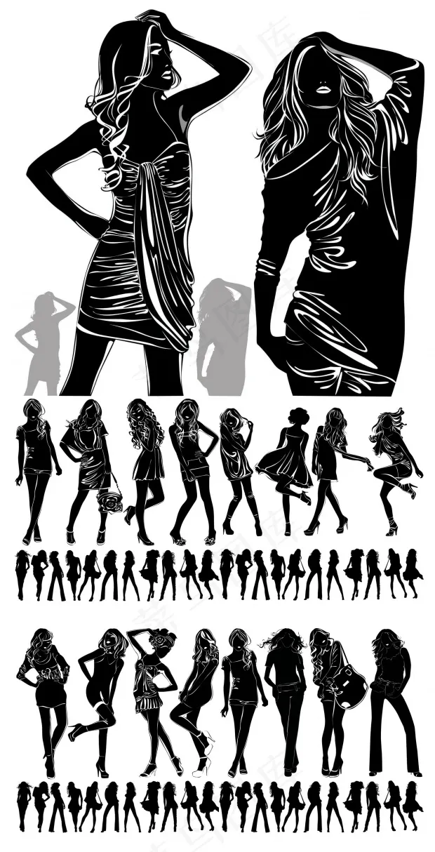 黑白画漂亮女孩模特矢量素材eps,ai矢量模版下载