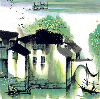 墨绿色古风水墨山水画