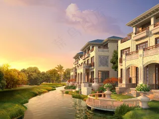欧式别墅黄昏效果图