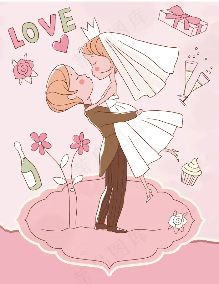 可爱的粉色婚礼插画