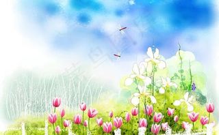 春色满园彩绘风景PSD分层素