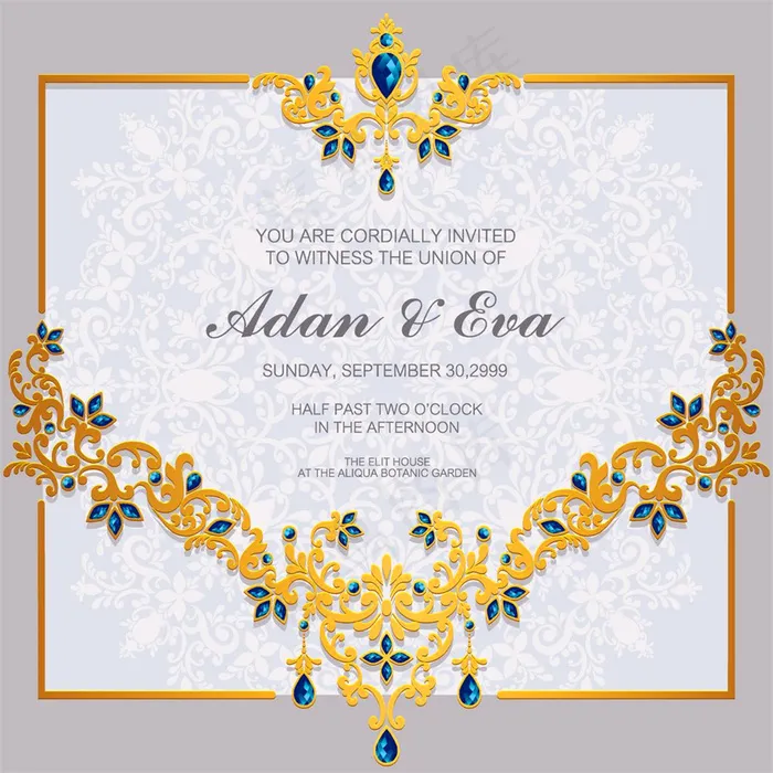 蓝宝石金色花纹婚礼请帖图片eps,ai矢量模版下载