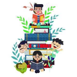手绘读书的孩子们免抠图