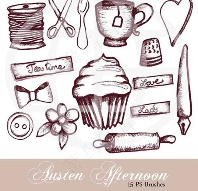 手绘涂鸦杯子、蛋糕、蝴蝶结等PS笔...