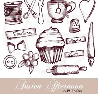 手绘涂鸦杯子、蛋糕、蝴蝶结等PS笔...