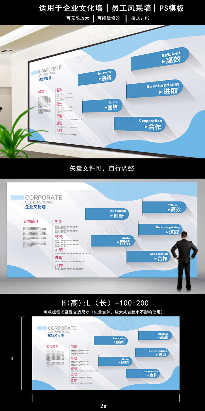 2017蓝色简洁企业文化墙模板(7087X3544(DPI:150))psd模版下载