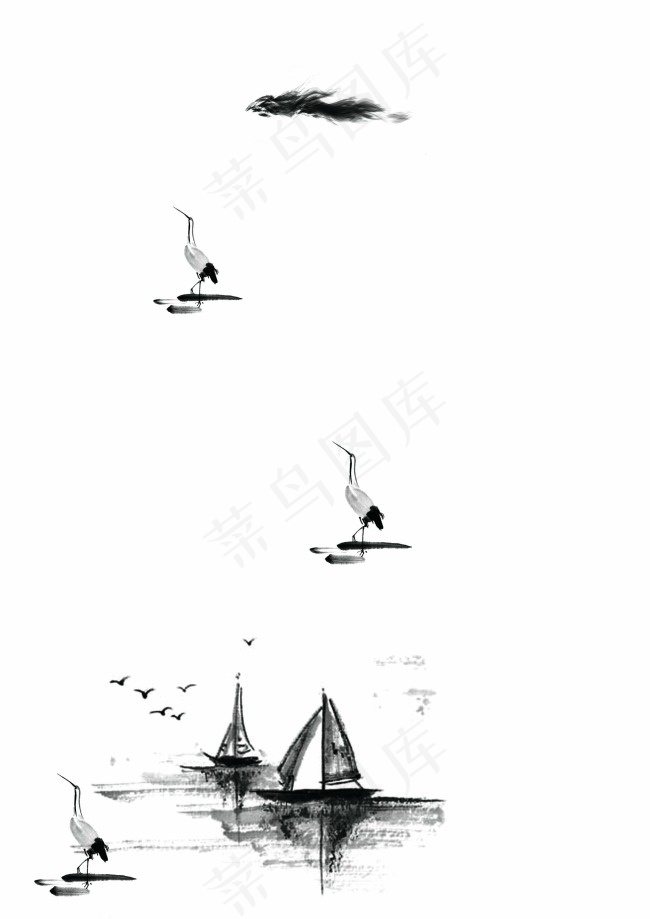 中国风水墨文化素材PSD小舟白鹭