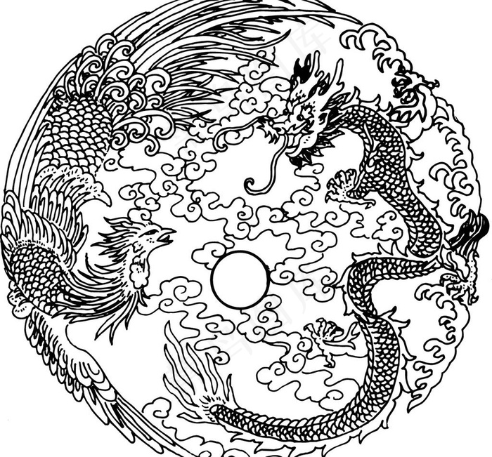龙凤 龙 凤凰 矢量线ai矢量模版下载
