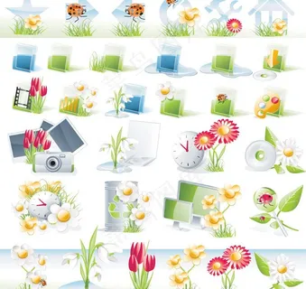 绿叶鲜花瓢虫 绿色环保图标图片