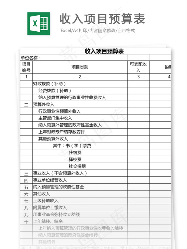 收入项目预算表格