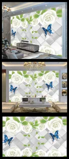 3d立体方块白玫瑰蝴蝶电视背景墙