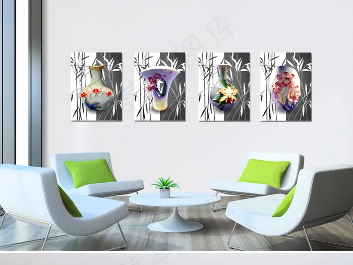 现代时尚插花艺术花瓶无框画四联画(3543X4724(DPI:300))psd模版下载