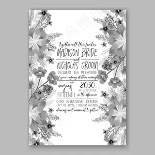 灰色植物花朵婚礼请贴图片