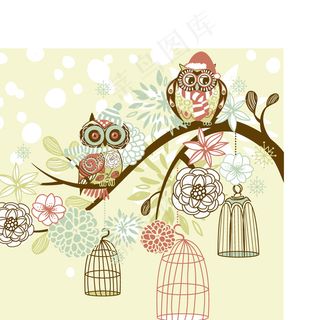 卡通剪影剪纸树枝猫头鹰插画分层