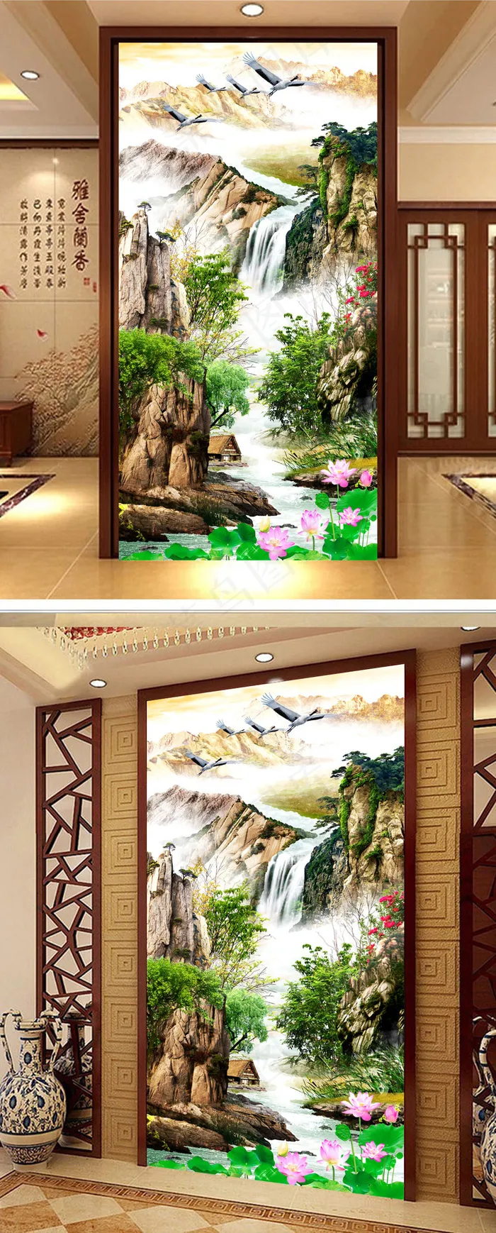 中国风瀑布高山玄关背景墙