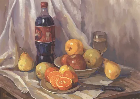水粉静物橘子苹果可乐梨 水粉静物橘子苹果可乐梨