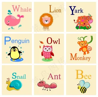 可爱扁平动物字母素材