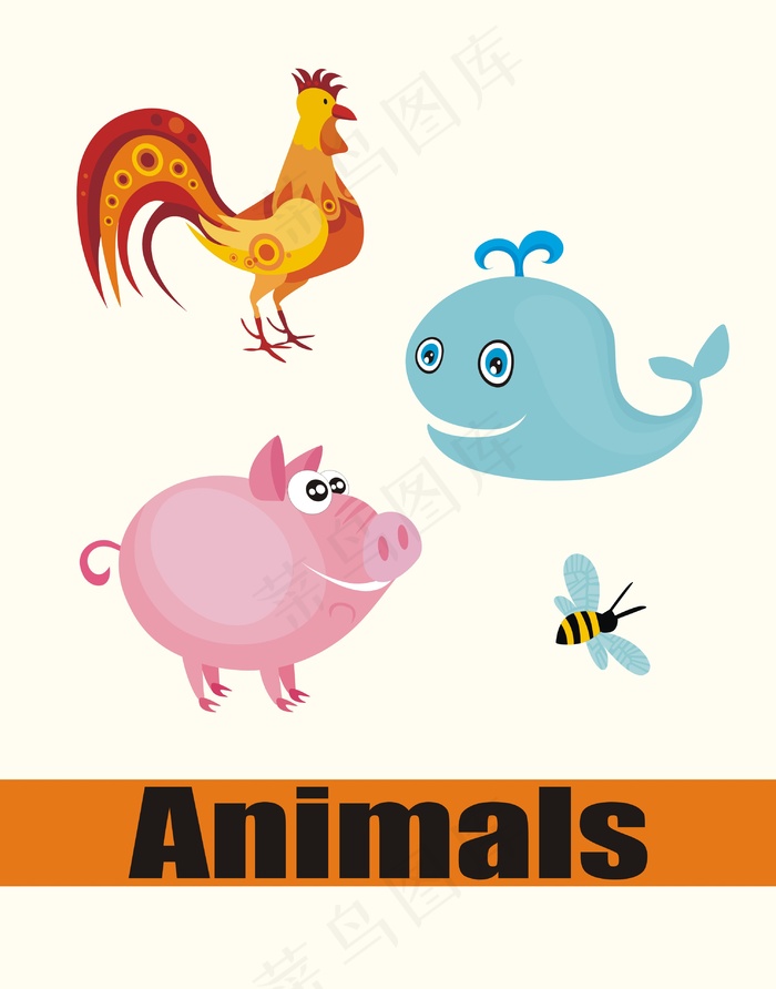 卡通动物矢量图鸡海豚猪