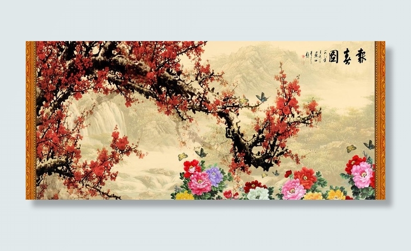 国画梅花图片(6000X3000(DPI:300))psd模版下载