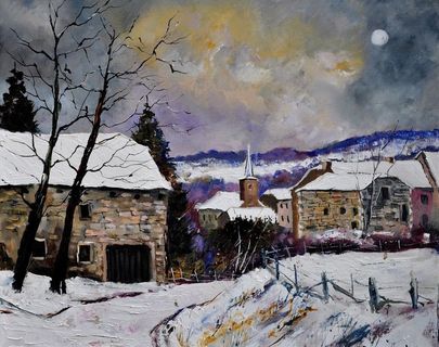 油画 小村雪景图片